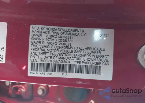 2021 Honda Accord Sport from USA, damaged, VIN 1HGCV1F33MA066694